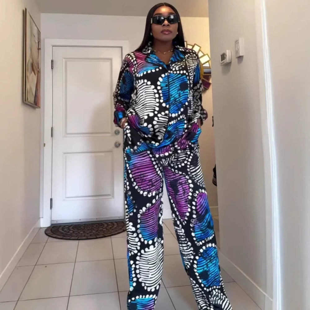 ZARA African Chic Loose Printed Cardigan and Wide Leg Pants Plus Size Set